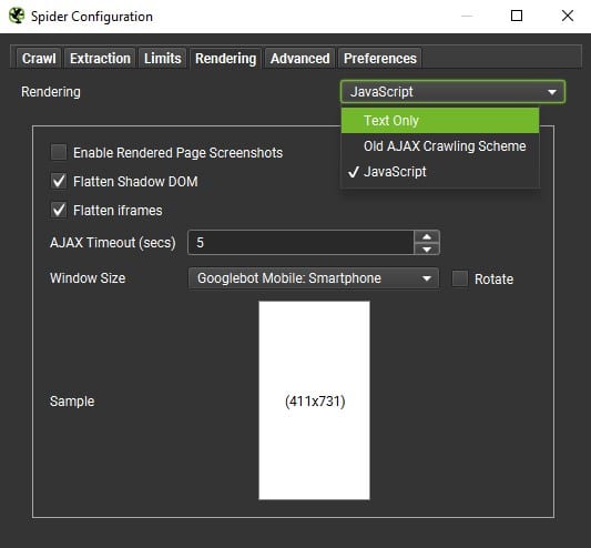 Screaming Frog Spider Configuration settings showing the option to switch from JavaScript to Text Only Mode in the Rendering tab.