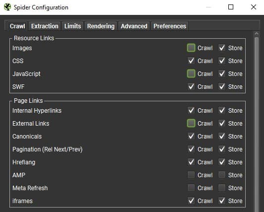 Screaming Frog Spider Configuration settings showing the options to disable crawling of Image links, JavaScript links, and External links.